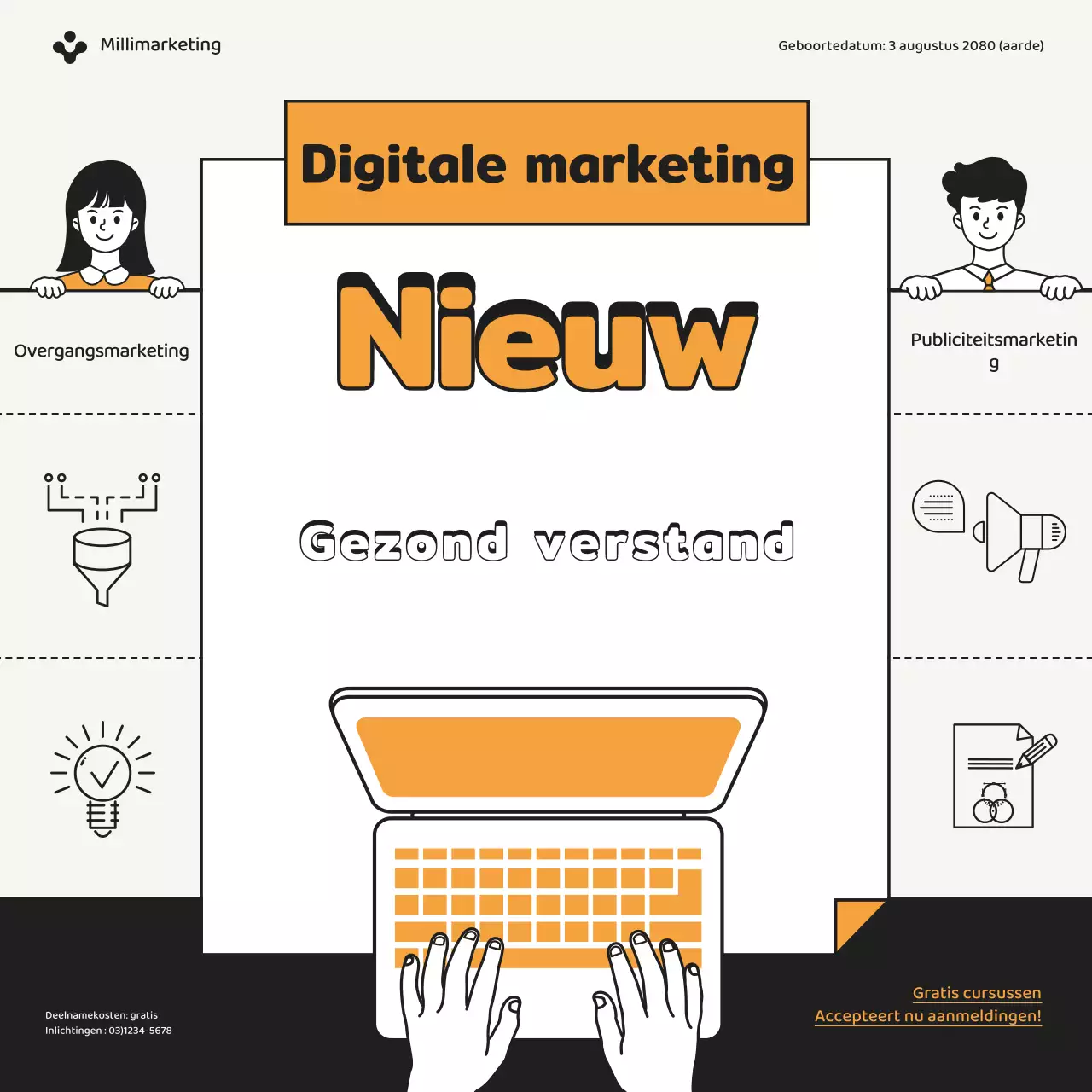 Een eenvoudige oranje en zwarte marketing gratis online cursus promoten.