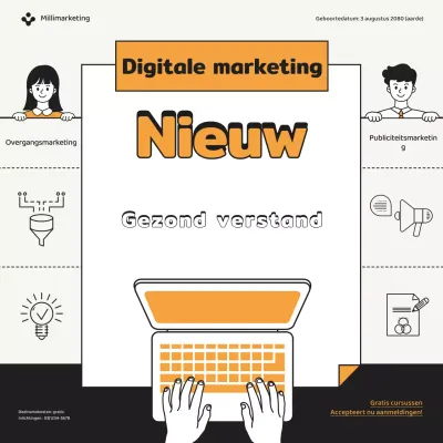 Een eenvoudige oranje en zwarte marketing gratis online cursus promoten.
