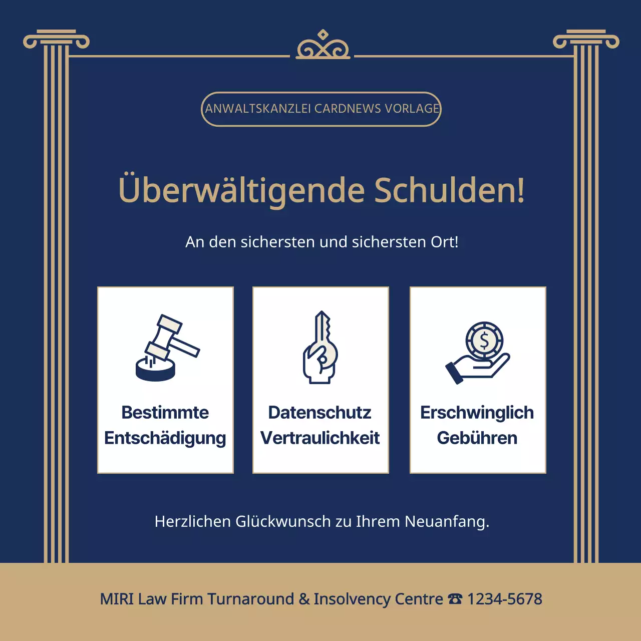 Werbung für eine elegante Anwaltskanzlei in Marineblau und Gold