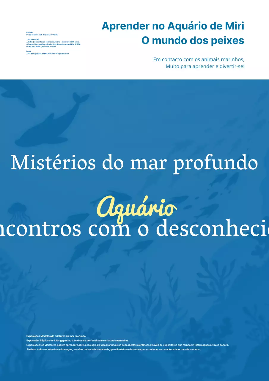 Publicidade simples de exposição de aquário azul e branco
