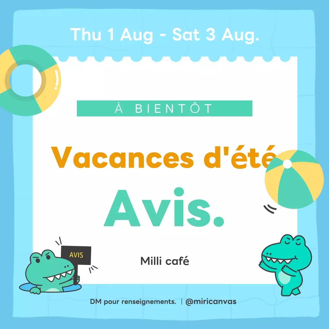 Joli avis de vacances d'été bleu clair et vert.