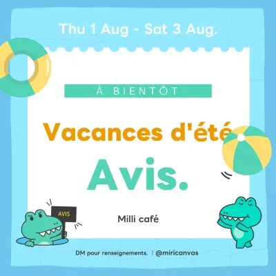 Joli avis de vacances d'été bleu clair et vert.