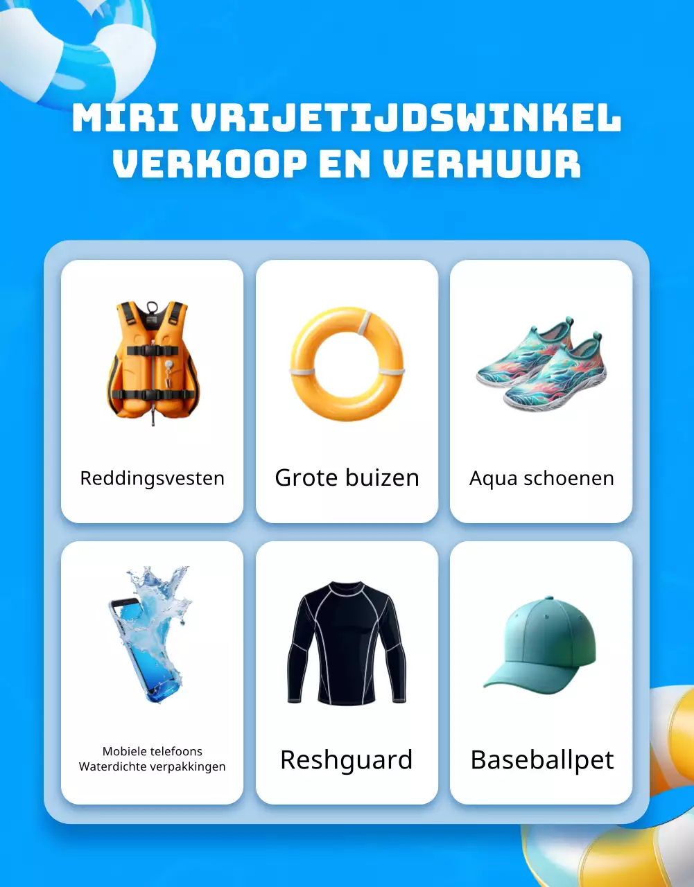 Reclame voor vrijetijdswinkel met blauwe en gele accenten