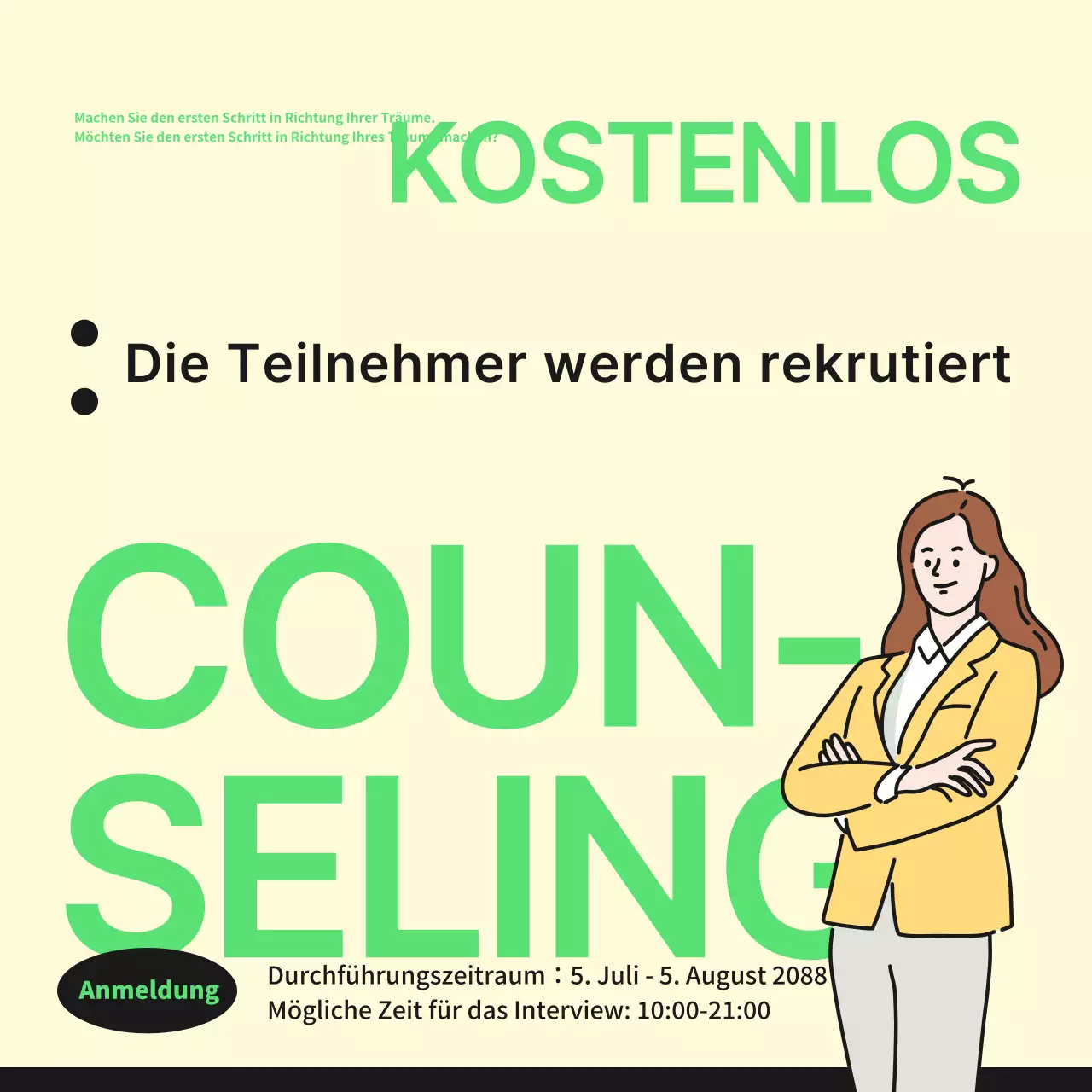 Bewerben Sie kostenlose Berufsberatungen mit einfachen elfenbeinfarbenen und gelb-grünen Farben