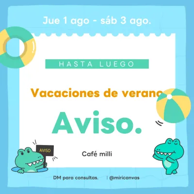 Precioso aviso de vacaciones de verano en azul claro y verde.