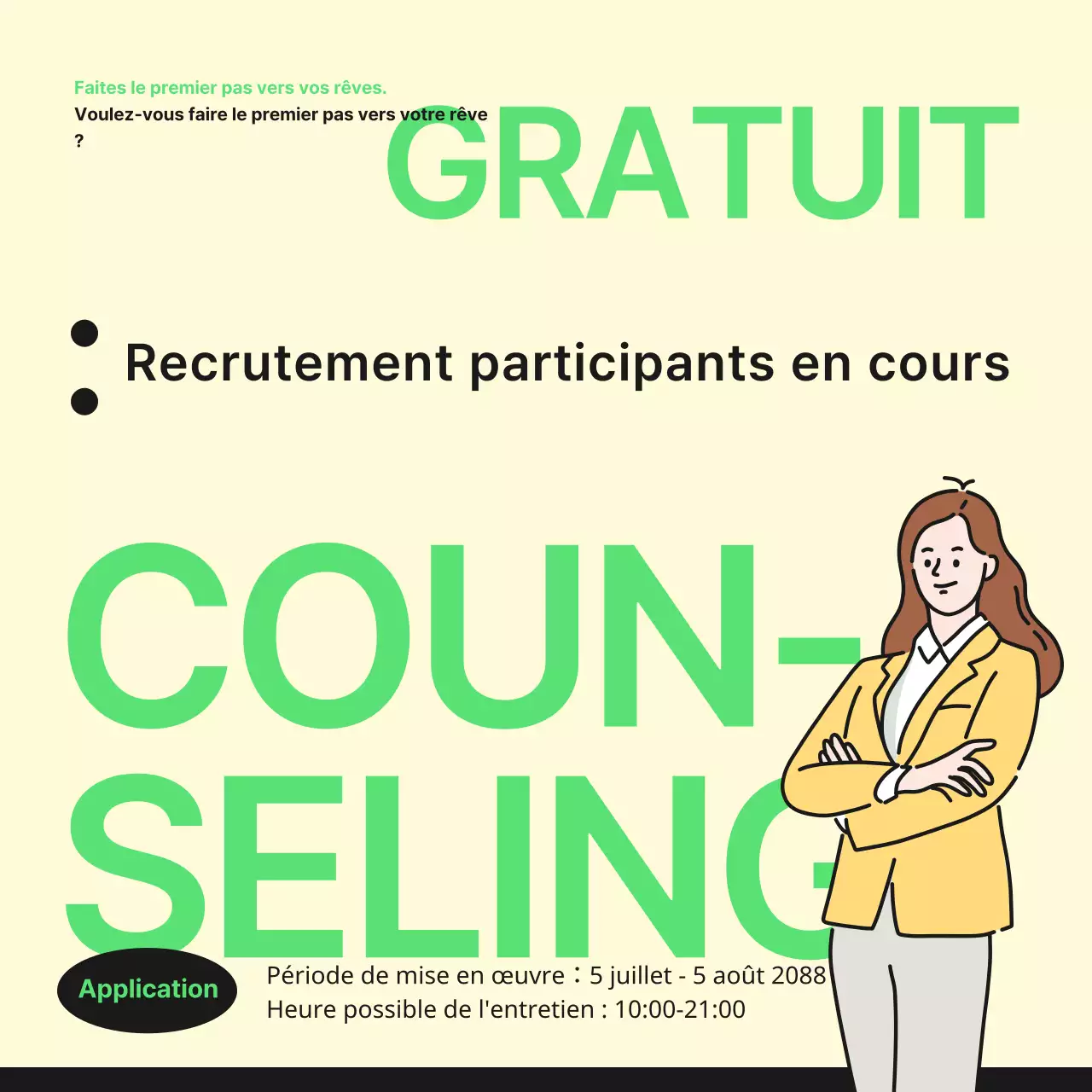 Promouvoir les séances gratuites d'orientation professionnelle avec des couleurs simples ivoire et jaune-vert