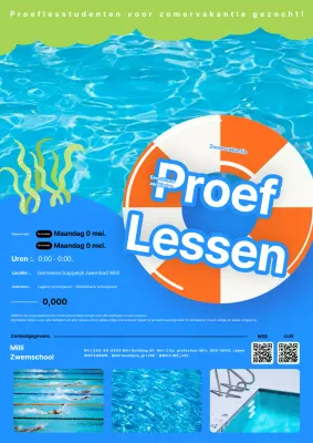 Een moderne, blauw-oranje reclame voor zwemlessen.