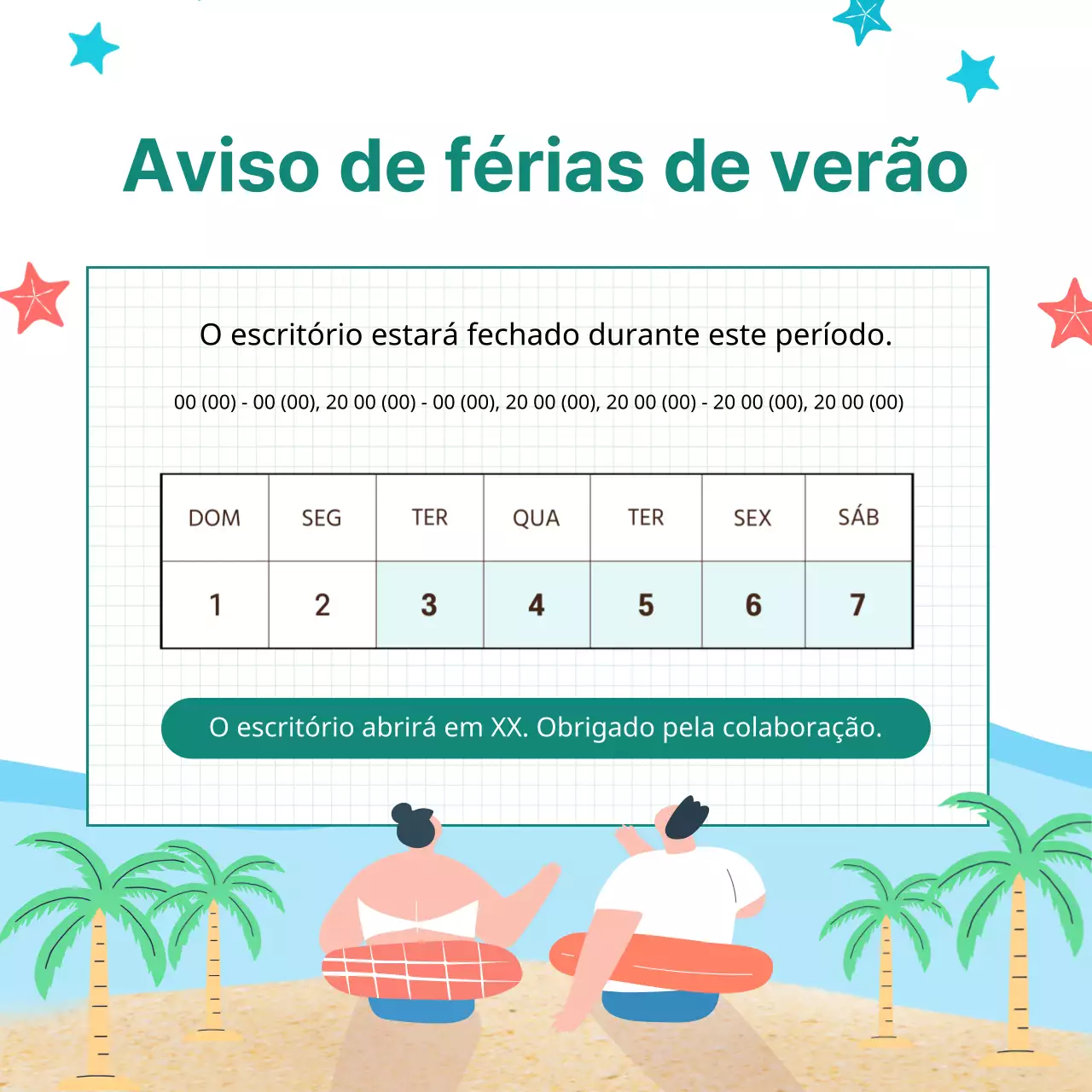 Aviso simples de férias de verão em branco e azul claro.