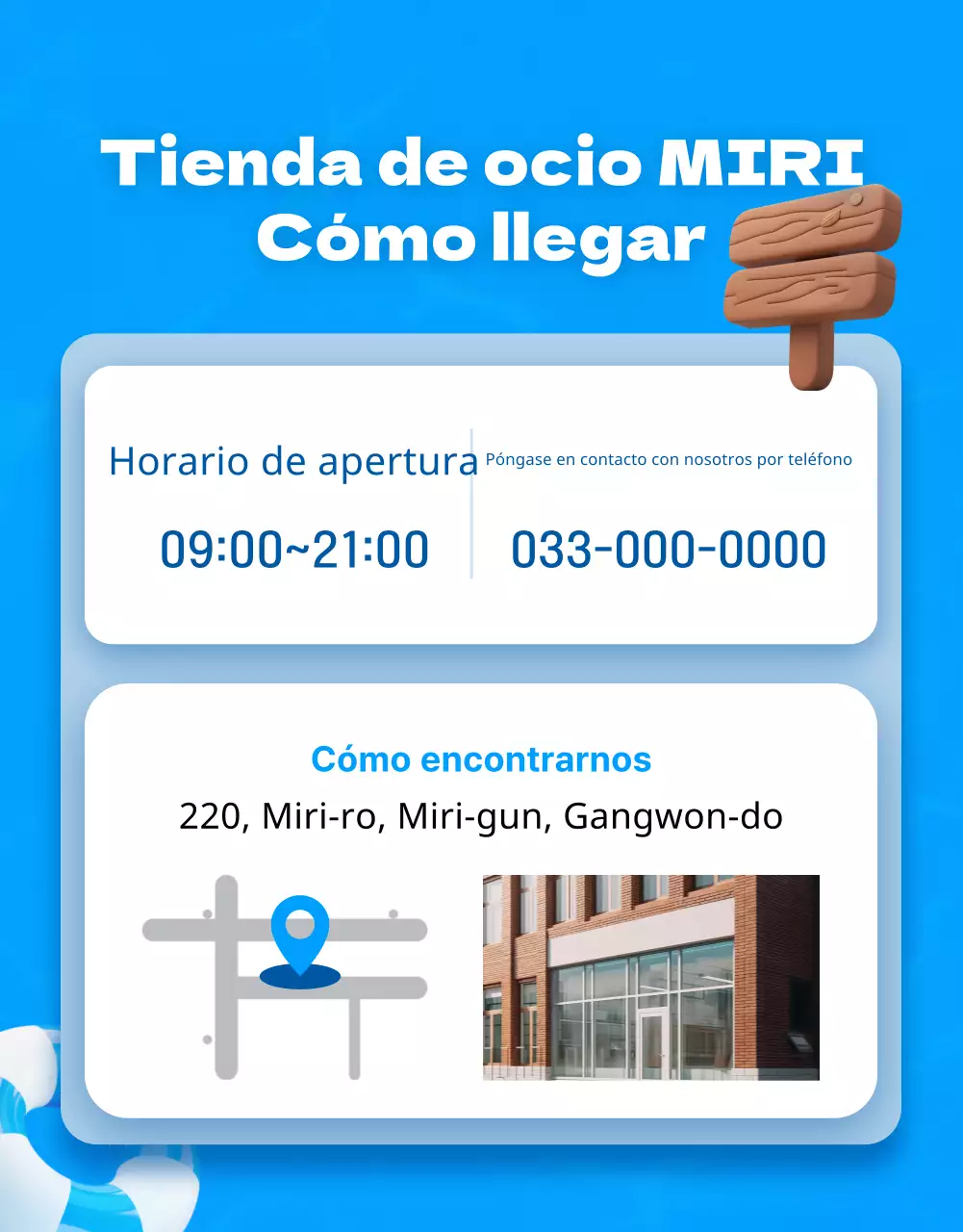 Anuncio promocional de una tienda de ocio con detalles en azul y amarillo