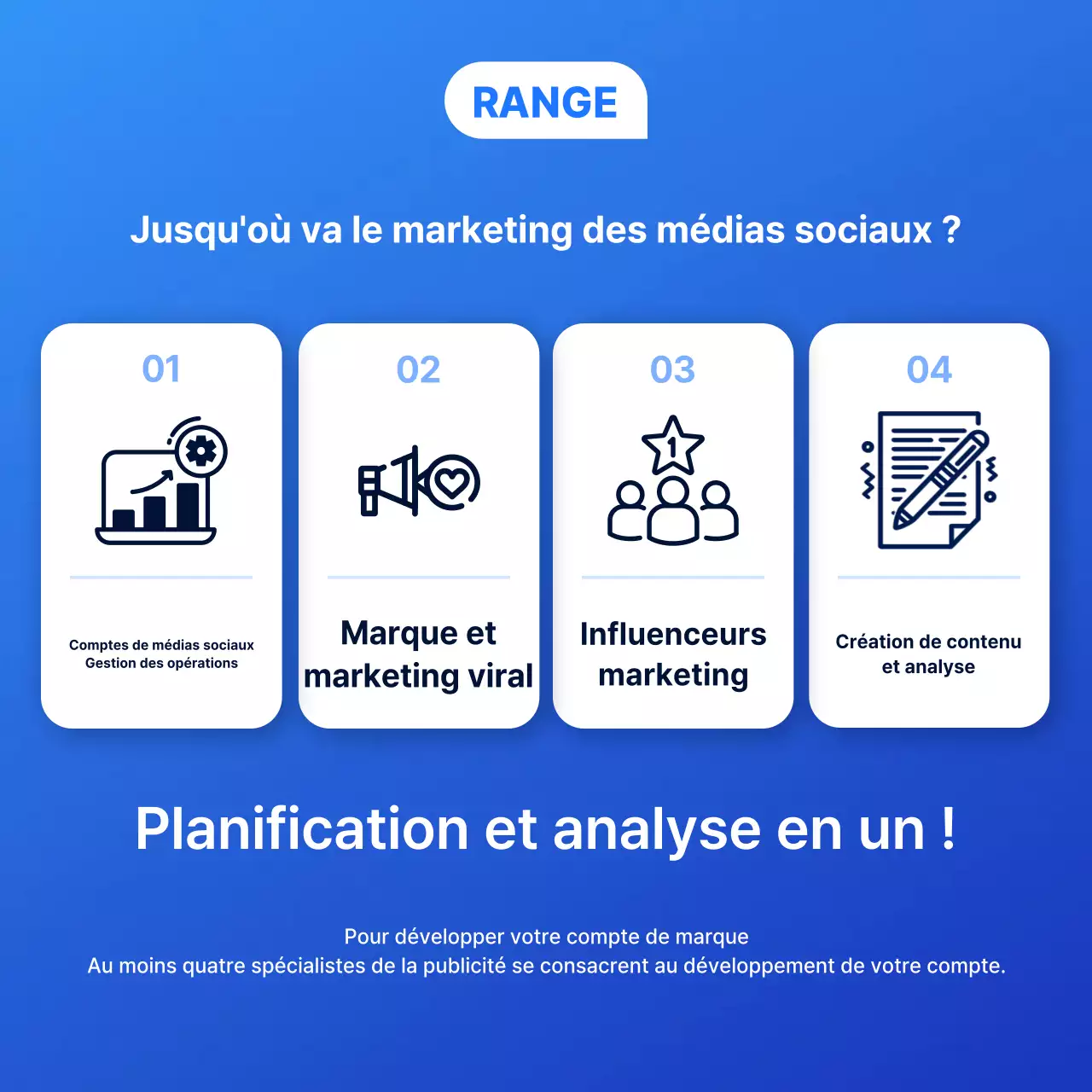 Annonce marketing simple d'une agence de médias sociaux en bleu