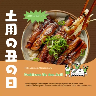 Werbung für den Verkauf von einfachen braunen und gelb-grünen Aalen.