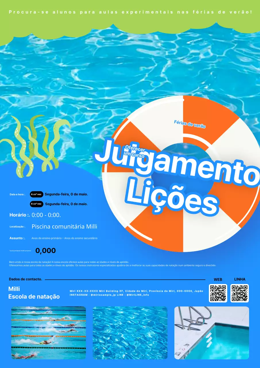 Um anúncio moderno, azul e laranja, para aulas de natação.