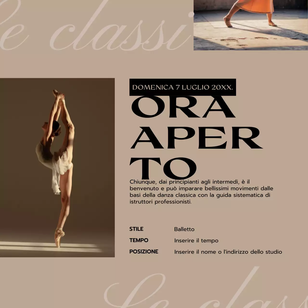 Semplice annuncio di lezione di danza classica in nero e beige