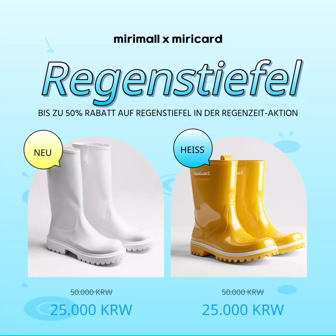 Einfache Regenstiefel in Hellblau und Weiß werben für eine Verkaufsveranstaltung