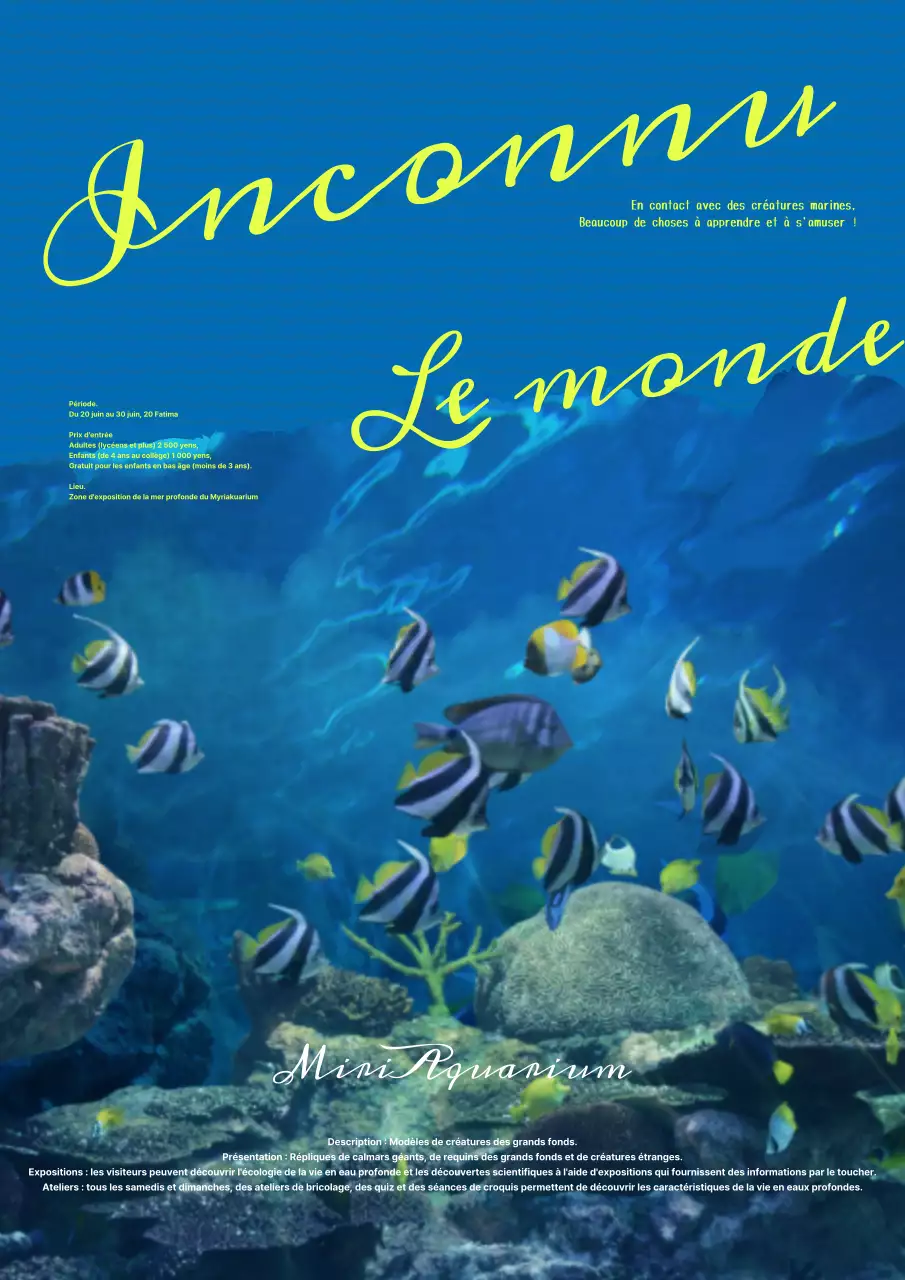 Publicité pour l'exposition de l'aquarium moderne bleu et jaune.