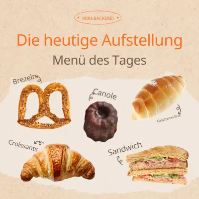 Kitschige Bäckerei-Ankündigungen in Orange und Beige