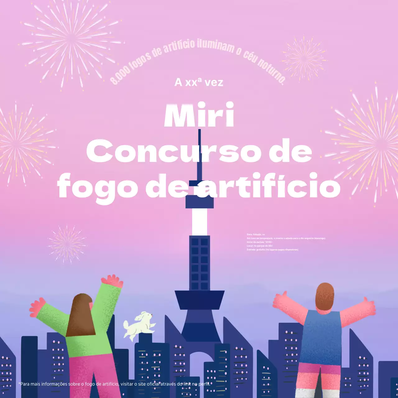 Um bonito PR cor-de-rosa e azul-marinho para a realização de um espetáculo de fogo de artifício.