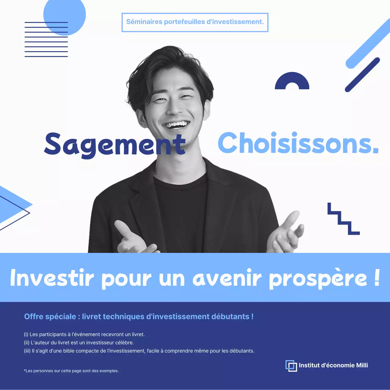 Publicité pour des séminaires d'investissement modernes en indigo et bleu clair.