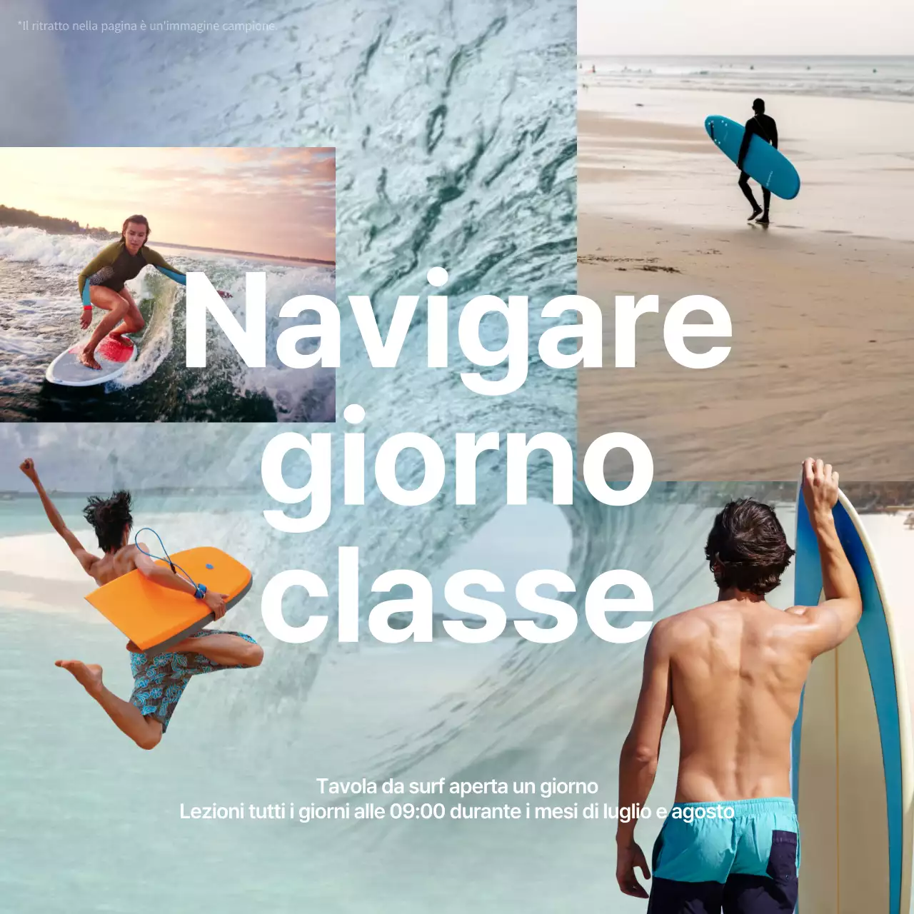 Promuovere lezioni di tavola da surf vintage in azzurro e blu