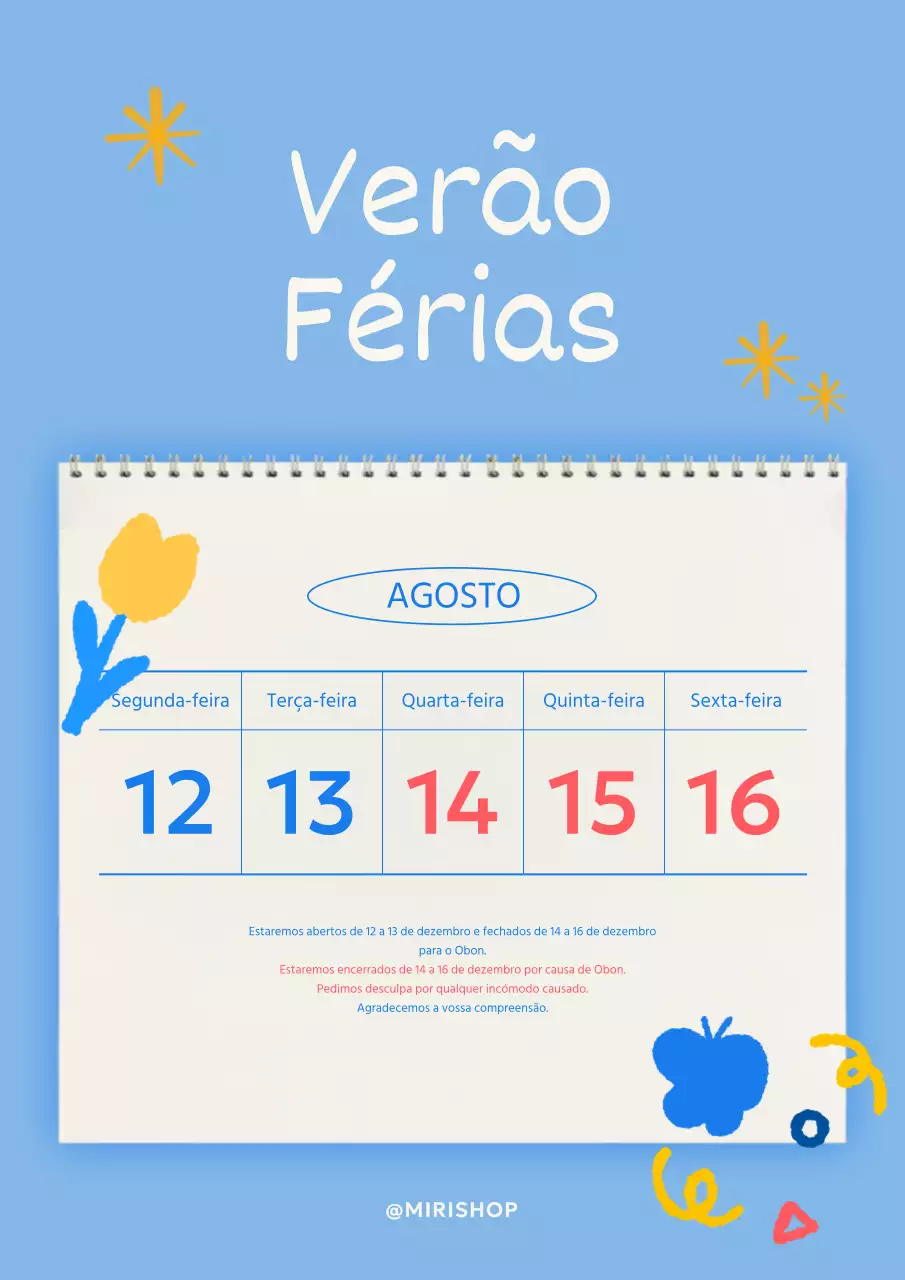 Anúncio de férias de verão em azul e amarelo com um conceito de desenho giro