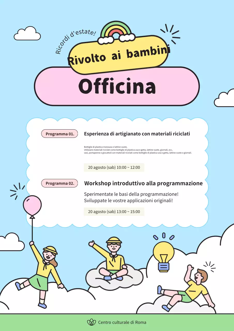 Pubblicità per un delizioso workshop estivo in azzurro e giallo.