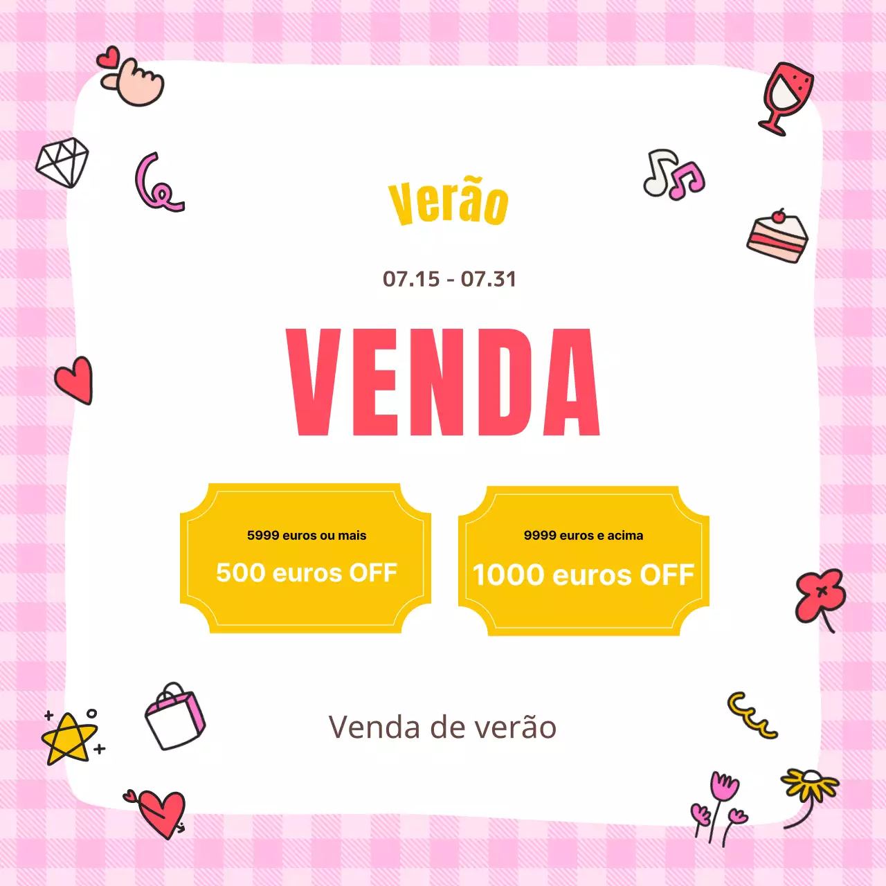 Anúncios de saldos de verão kitsch vermelhos e cor-de-rosa.