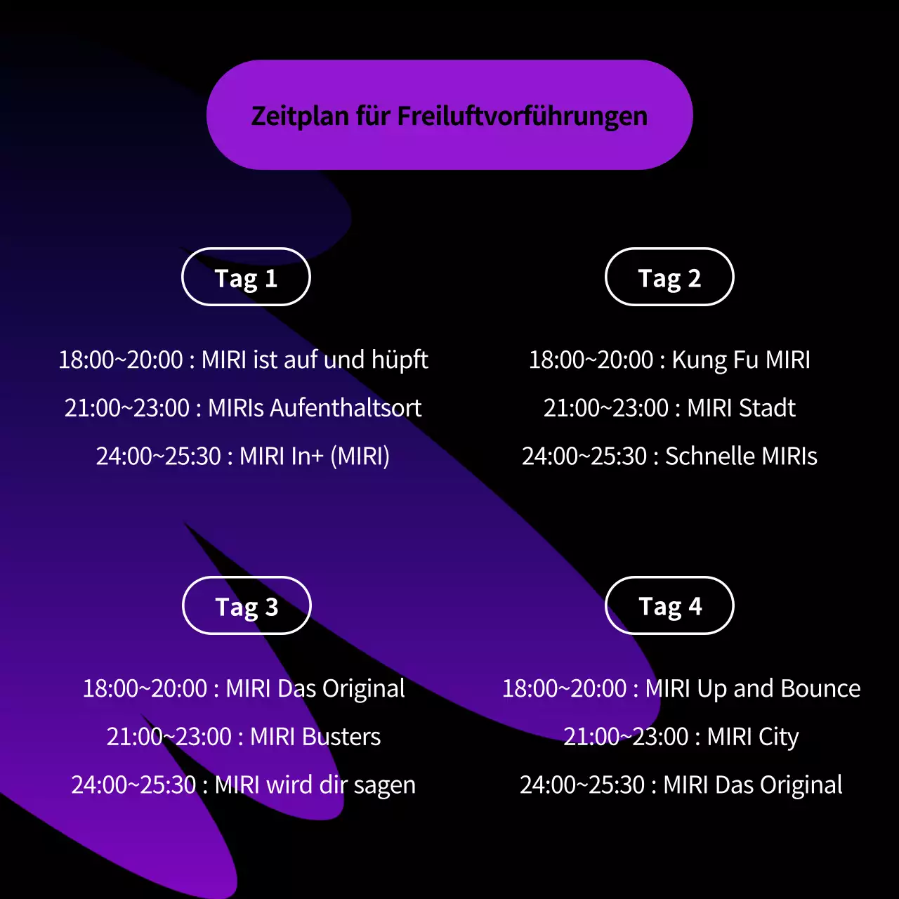 Ankündigung einer kitschigen Freiluftvorführung von Purple and Black