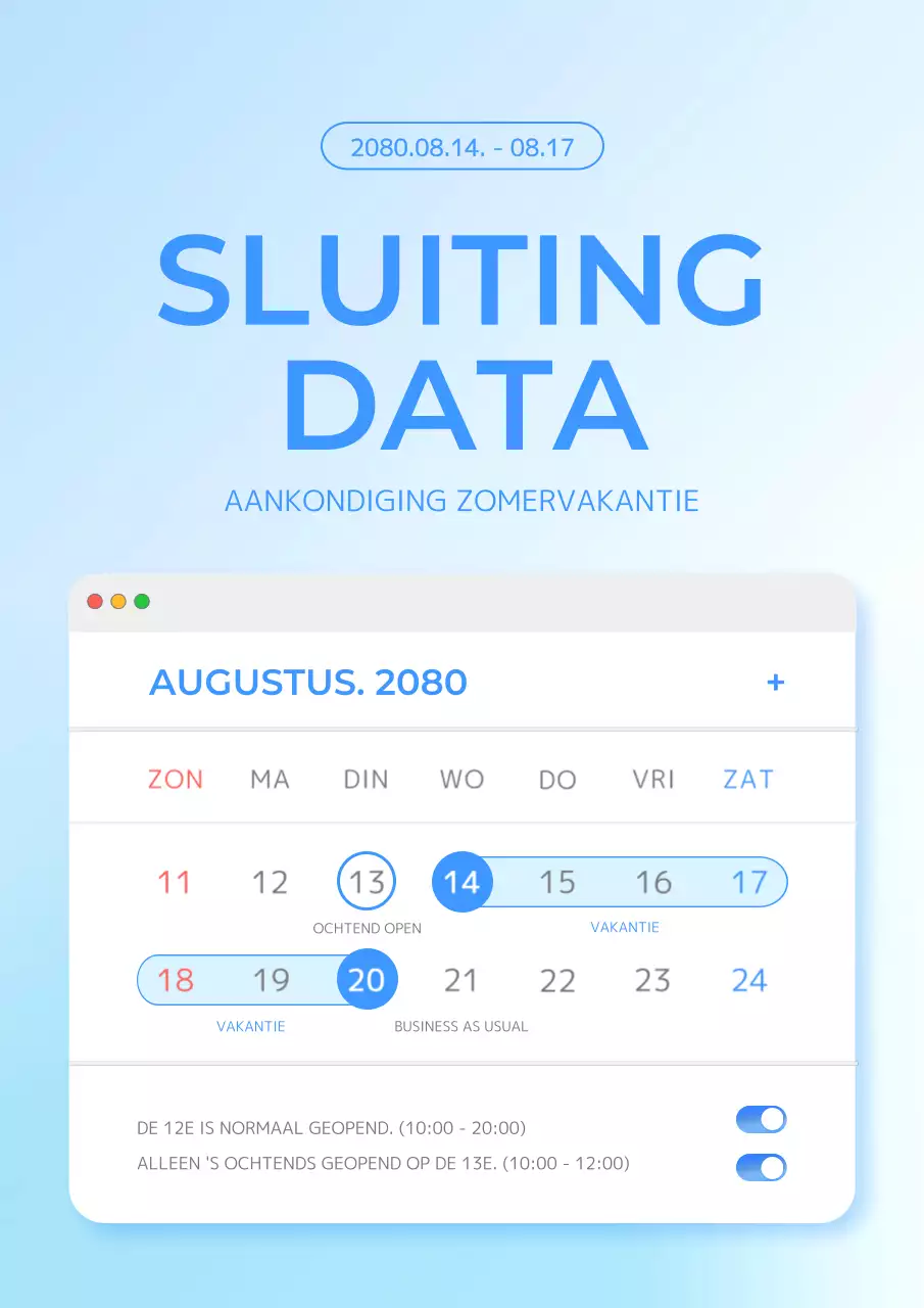 Vakantieaankondiging met een eenvoudig websiteconcept in lichtblauw