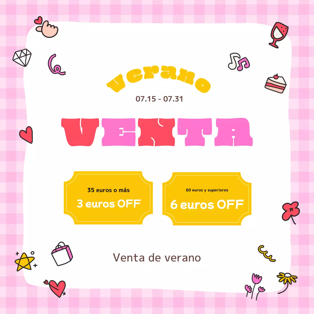 Anuncios de rebajas de verano kitsch en rojo y rosa.