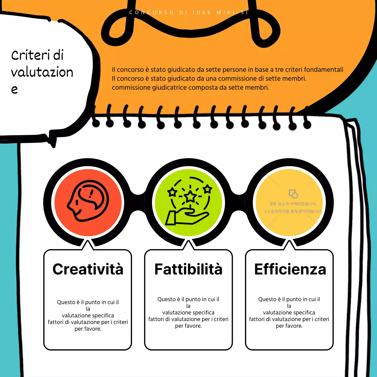 Annuncio dei risultati di un concorso pop-artistico in azzurro e arancione