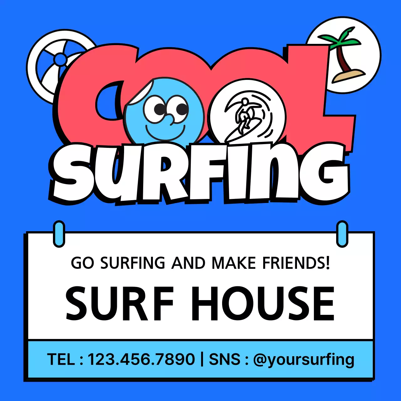 Blue Comic Surfing Promotion Social Media Post