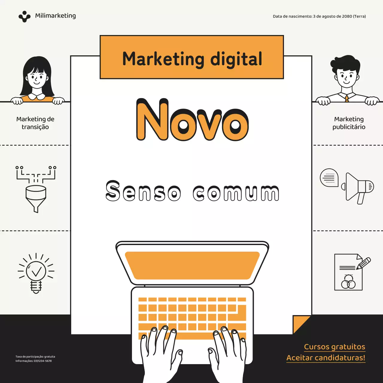 Promoção de um simples curso em linha gratuito de marketing laranja e preto.