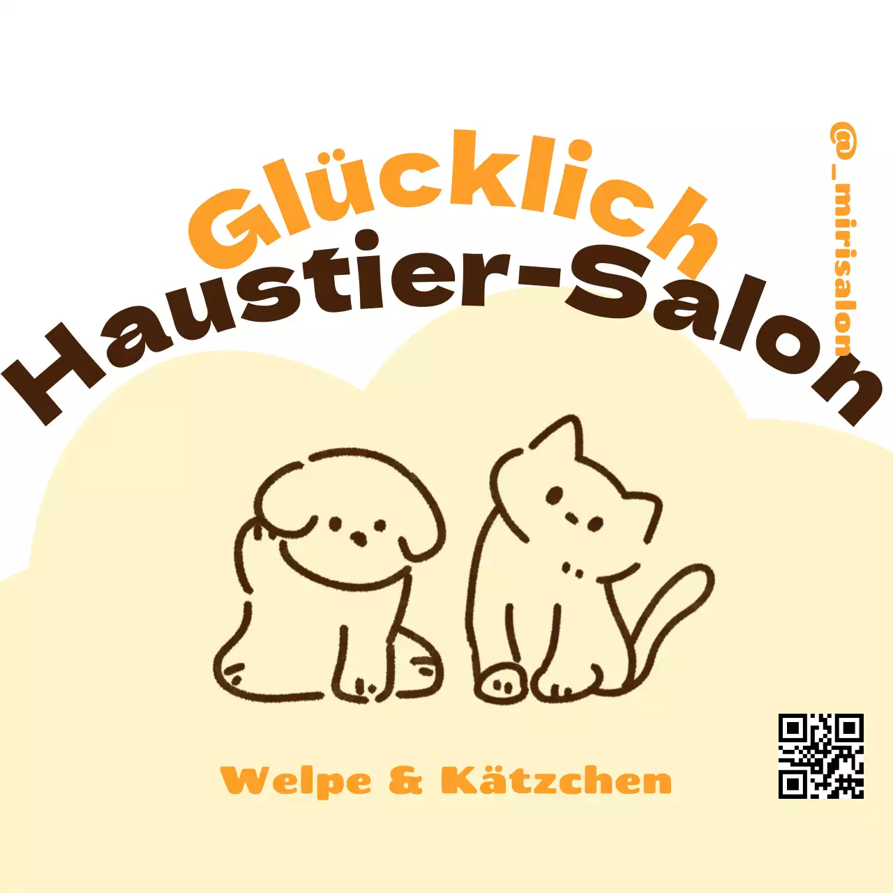 Bannergestaltung für einen englischen Titel mit einer niedlichen Illustration eines Hundewelpen und einer Katze mit einem niedlichen QR-Code.