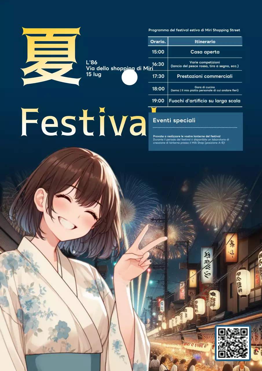 Promuovete un festival estivo con uno sfondo colorato in blu navy e illustrazioni cartooniche.