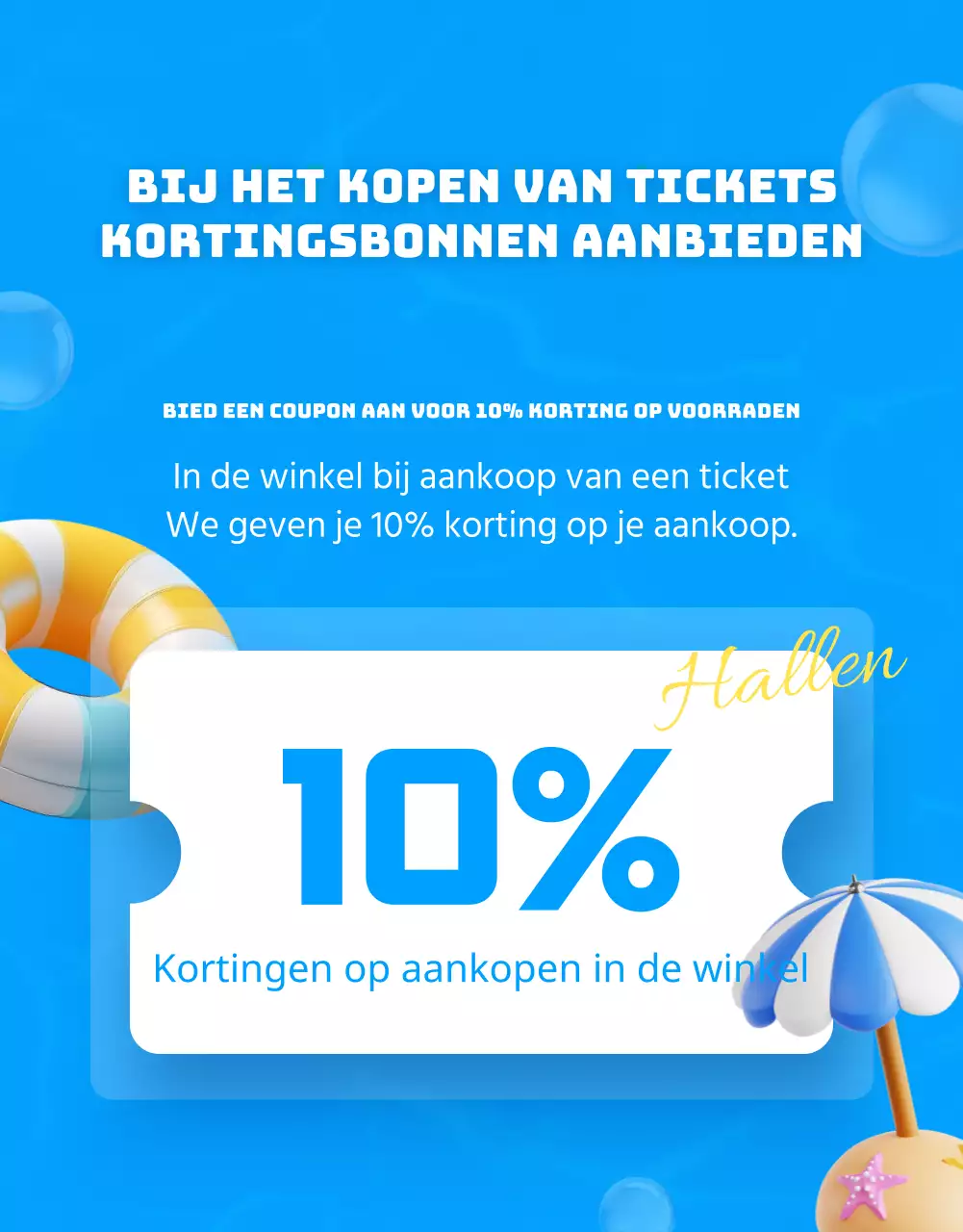 Reclame voor vrijetijdswinkel met blauwe en gele accenten