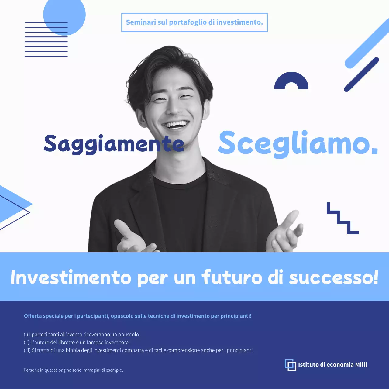 Pubblicità per moderni seminari di investimento in indaco e azzurro.
