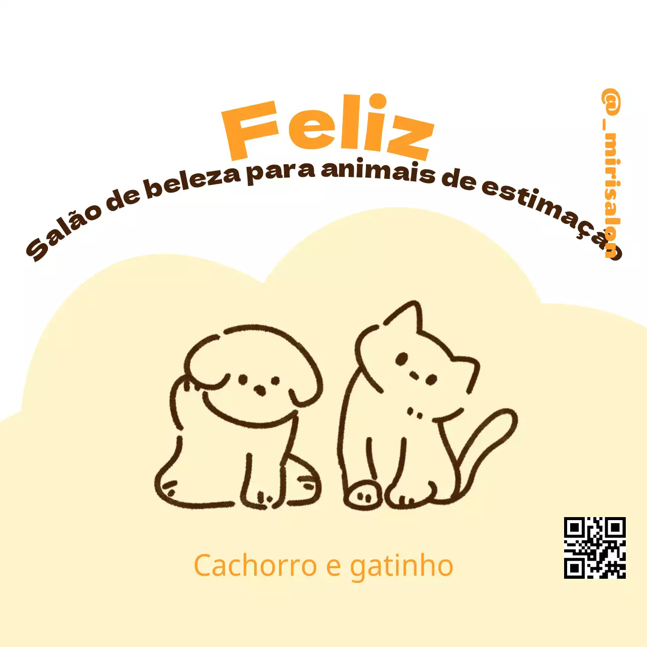 Desenho de uma faixa para um título inglês com uma ilustração engraçada de um cãozinho de estimação com um código QR engraçado.