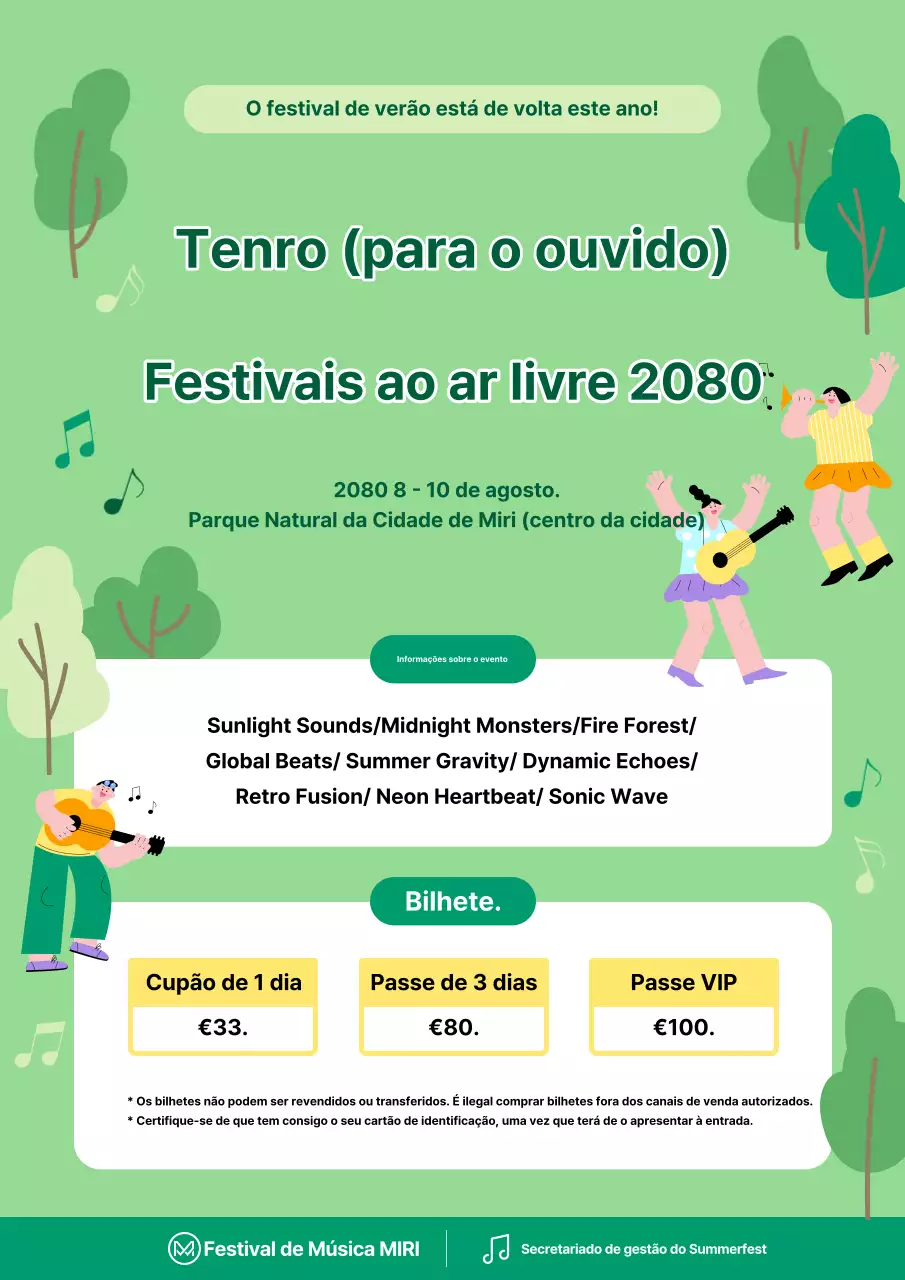 Publicidade para um belo festival de verão verde e amarelo-verde.
