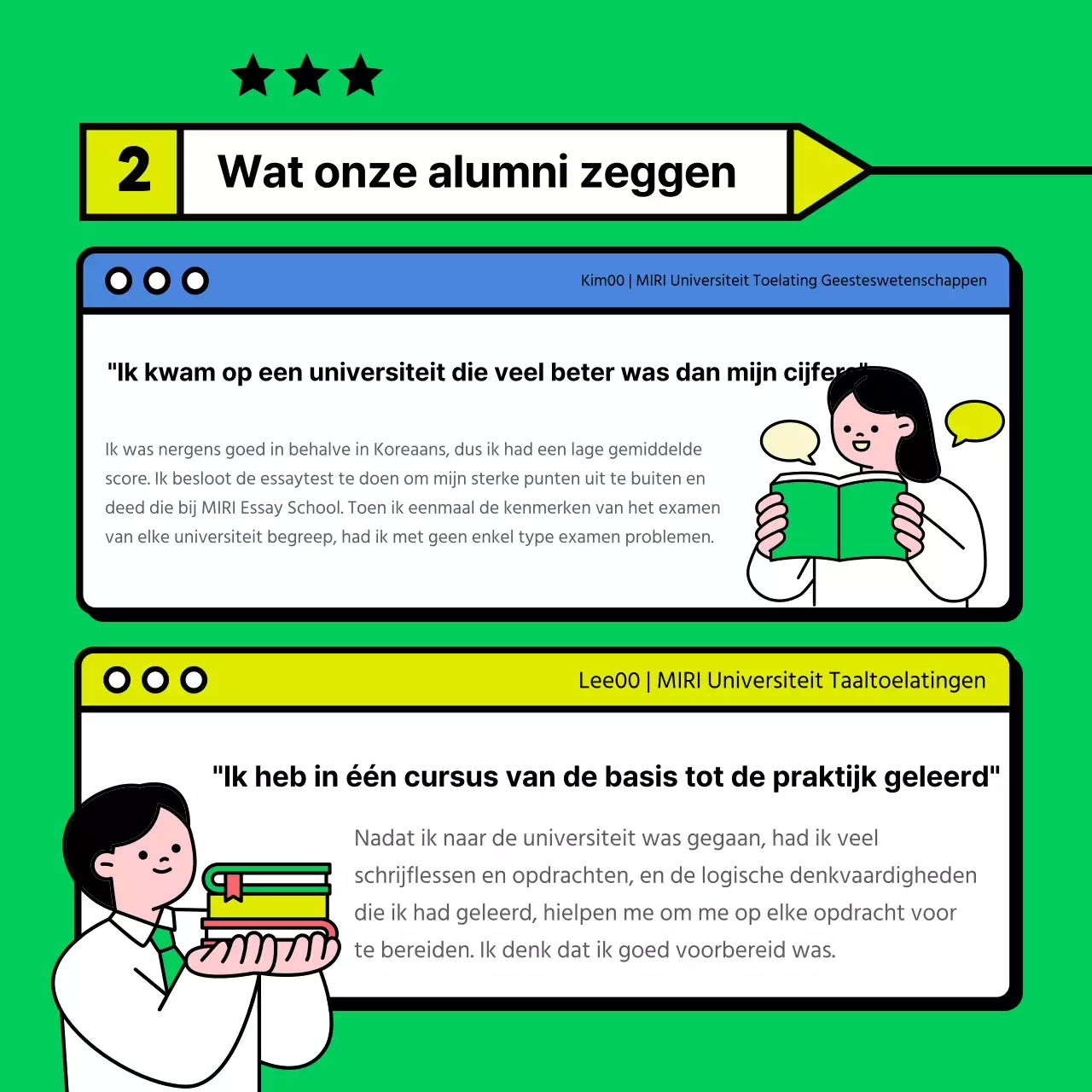 De groene en gele toelatingsessay schrijvende school promoten