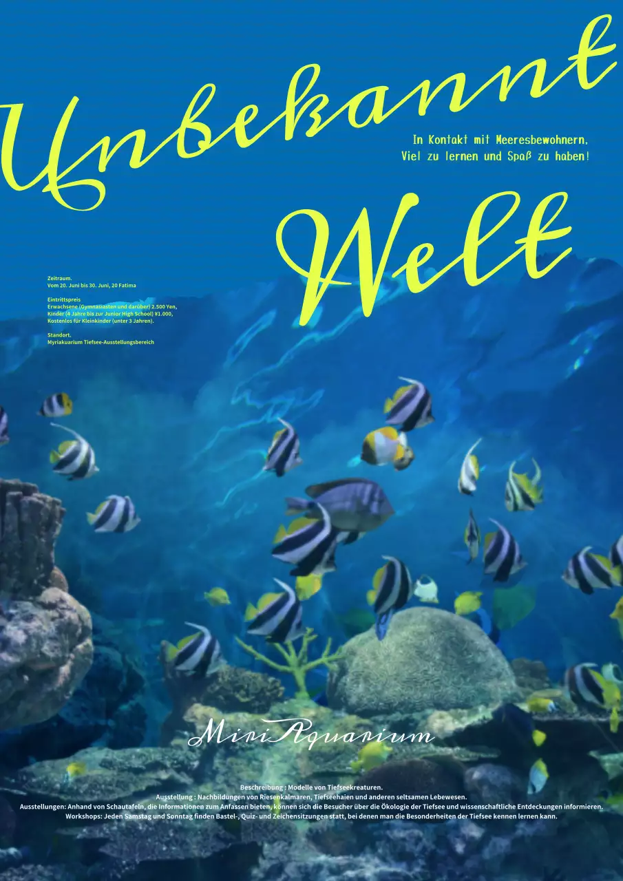 Werbung für die moderne blau-gelbe Aquarienausstellung.