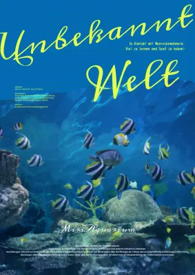 Werbung für die moderne blau-gelbe Aquarienausstellung.