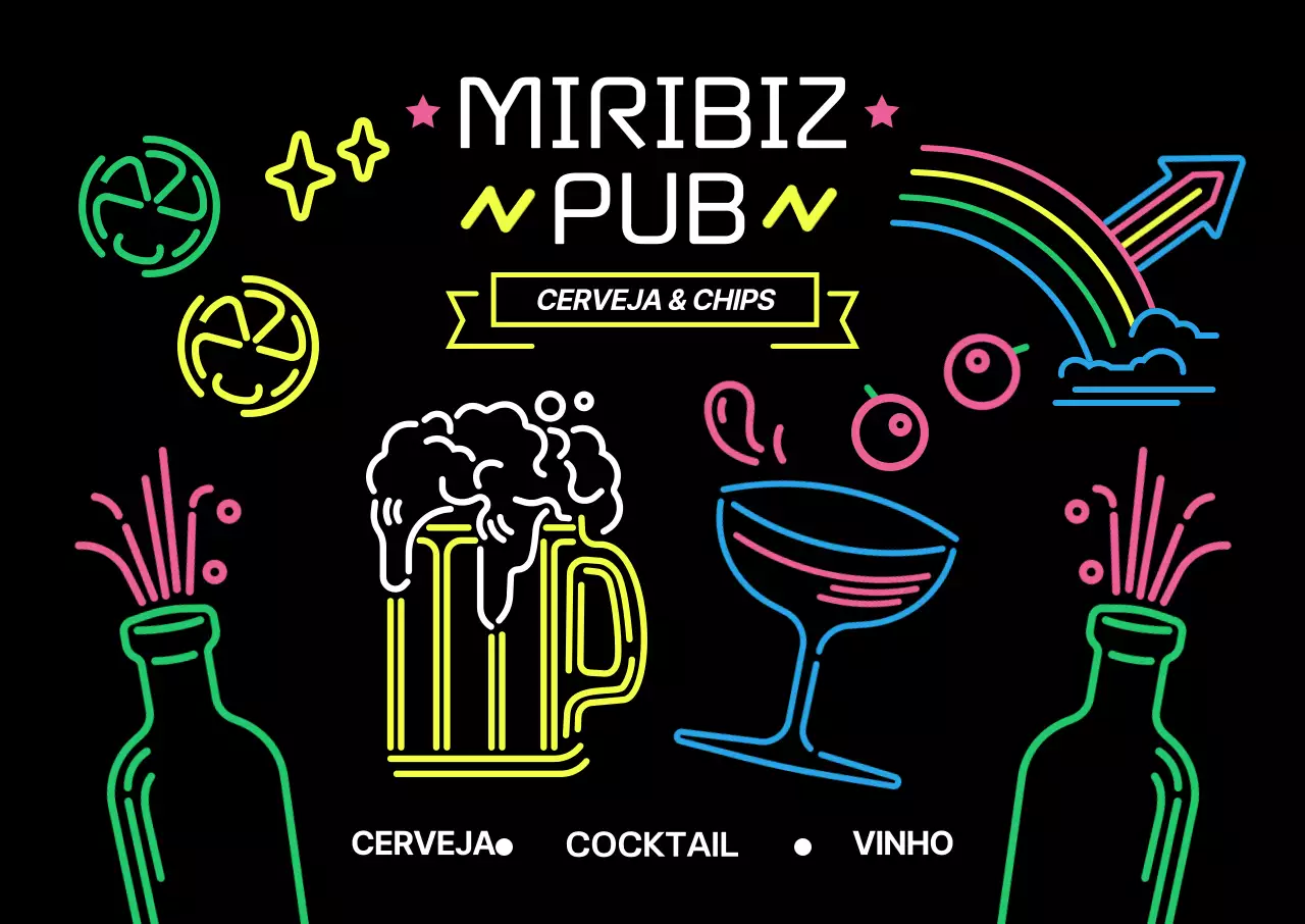 Um bar cheio de gráficos de letreiros de néon
