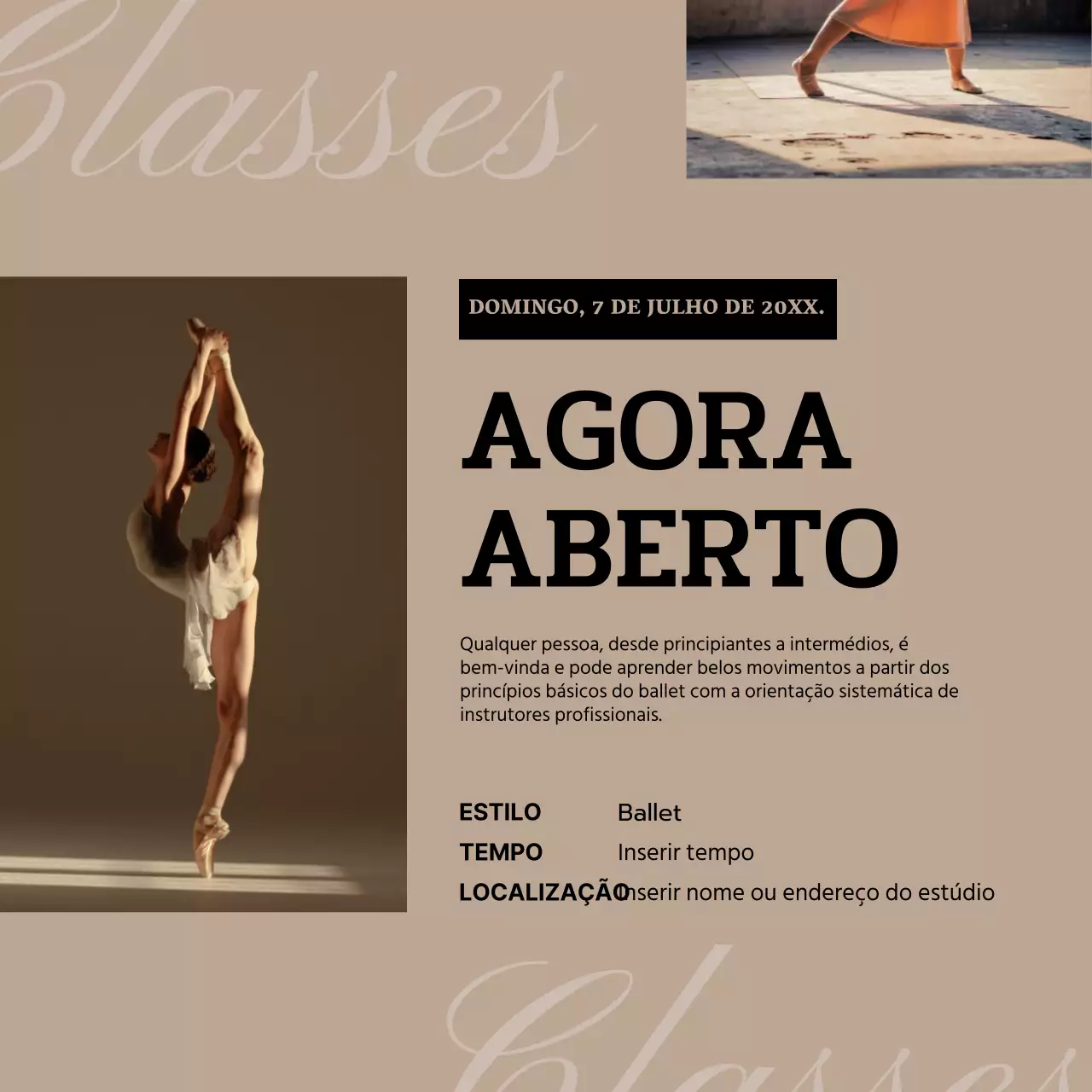 Anúncio simples de uma aula de ballet em preto e bege