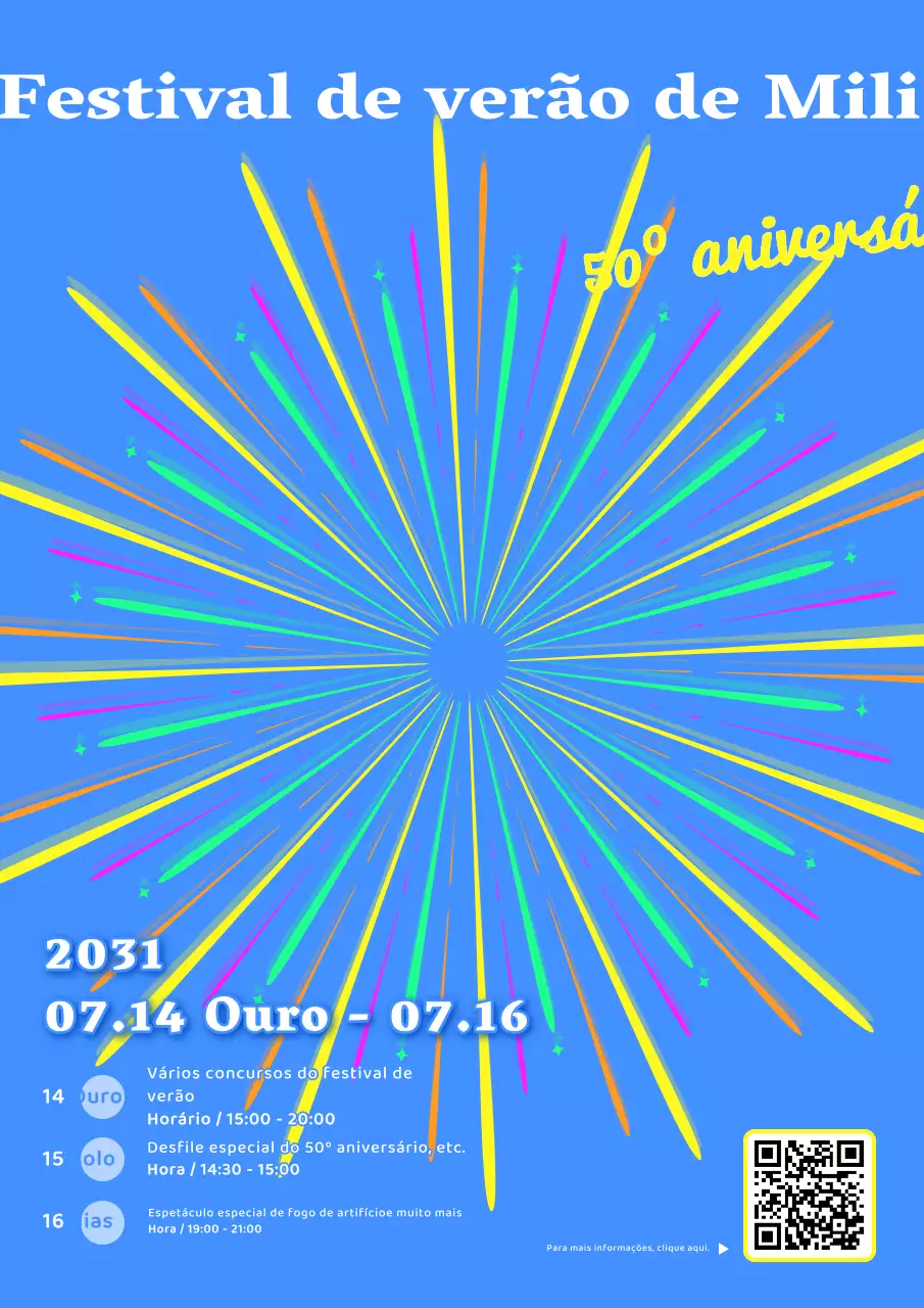 Promover um festival de verão com um conceito simples e colorido com fogo de artifício azul