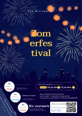 Promoot een zomerfestival met een kleurrijk concept van marineblauw nachtlandschap