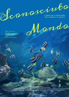 Pubblicità per la moderna mostra sull'acquario blu e giallo.