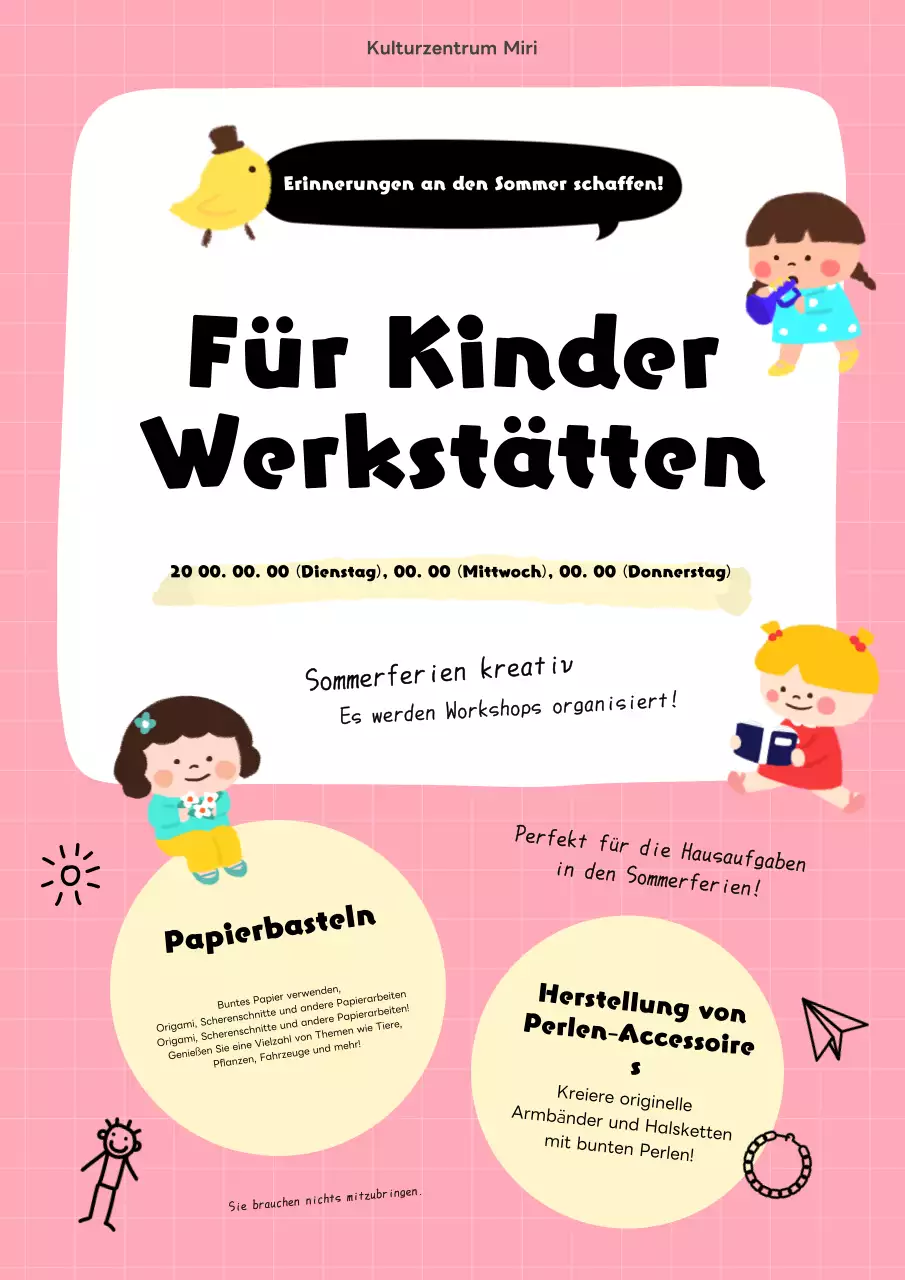 Niedlicher rosa und gelber Kinder-Sommerferien-Workshop Flyer