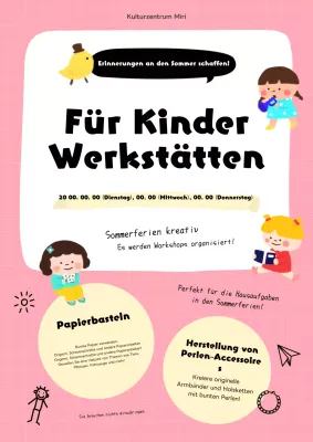 Niedlicher rosa und gelber Kinder-Sommerferien-Workshop Flyer