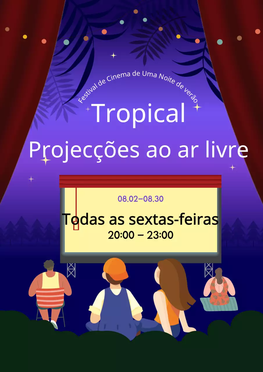 Promover sessões de cinema ao ar livre com uma simples noite tropical em roxo