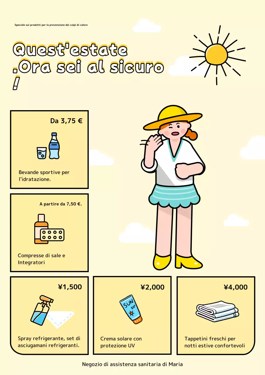 Pubblicità kitsch gialla e arancione di prodotti estivi.